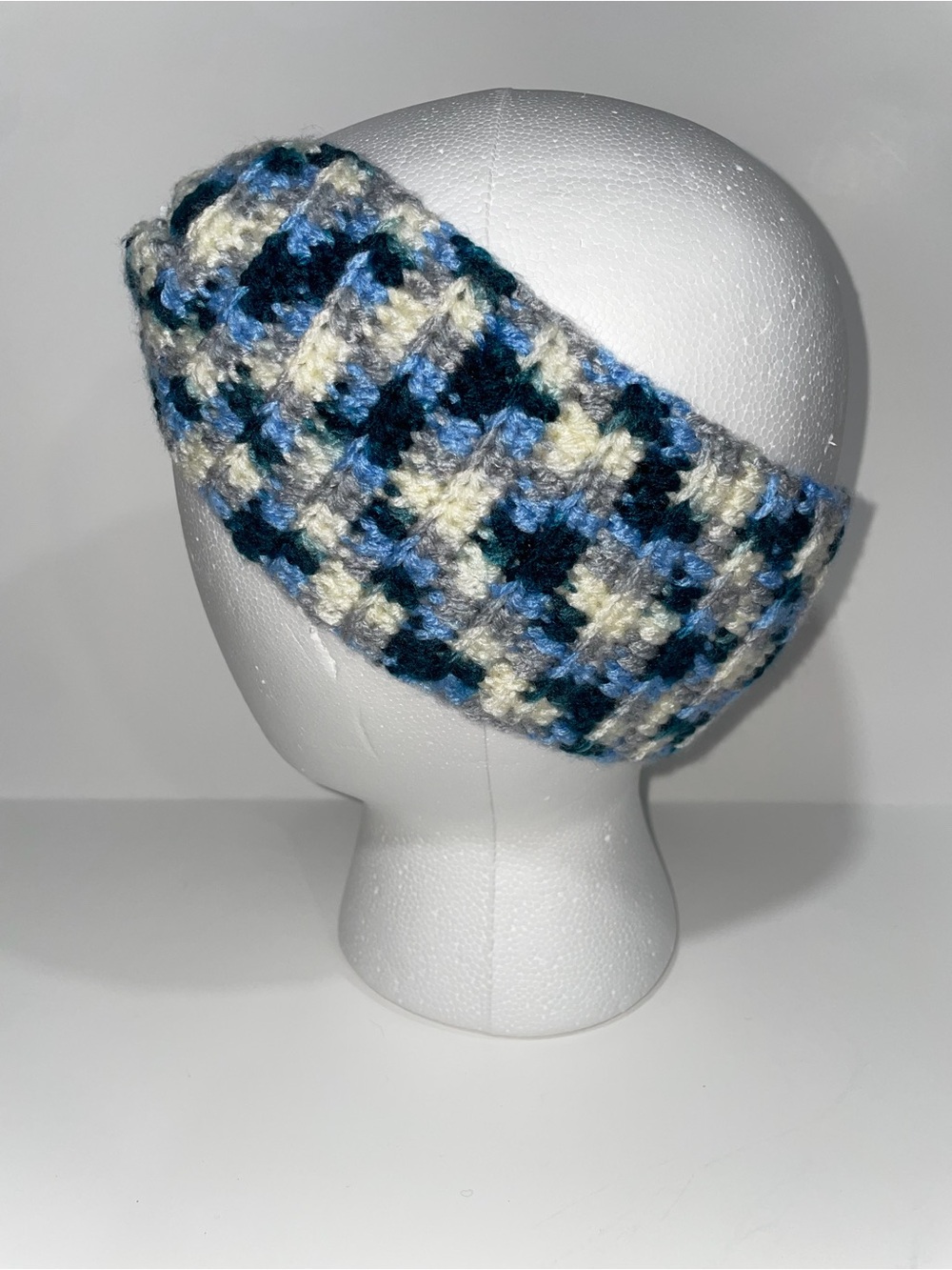 Hand Crafted Blue, Cream & Black Plaid Knitted Headband